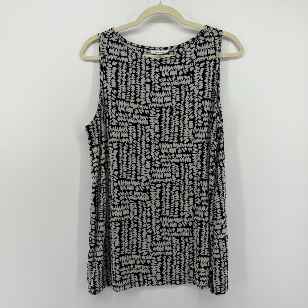 Chico's Large Navy Blue Gray Abstract Geometric Sleeveless Tank Top Scoop Neck